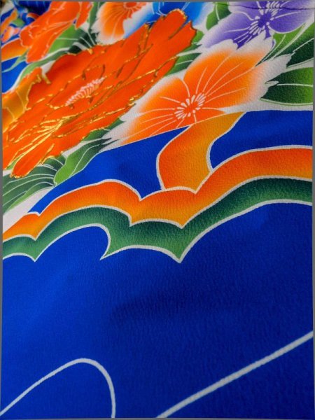 Photo15: L1124O Used Japanese women  Blue KAKESHITA under Uchikake / Synthetic. Peony,   (Grade B) (15)