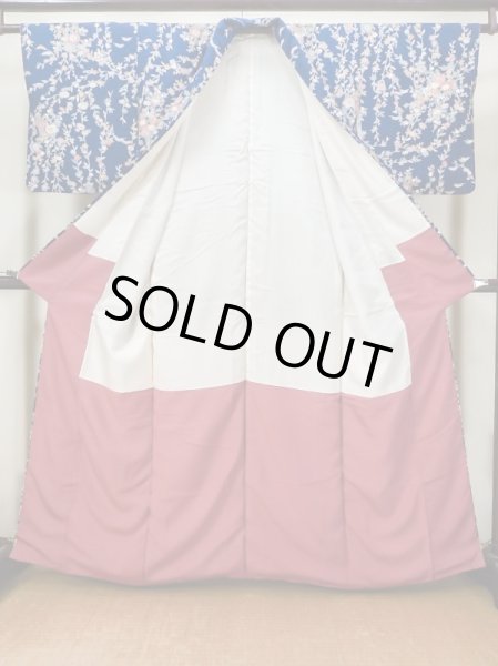 Photo2: Mint L1201A Used Japanese women  Blue KOMON dyed / Silk. SAKURA cherry blossom,   (Grade A) (2)