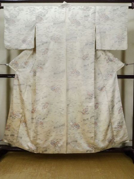 Photo1: L1201B Used Japanese women Shiny Off White KOMON dyed / Silk. Chrysanthemum, Bamboo fence pattern  (Grade C) (1)