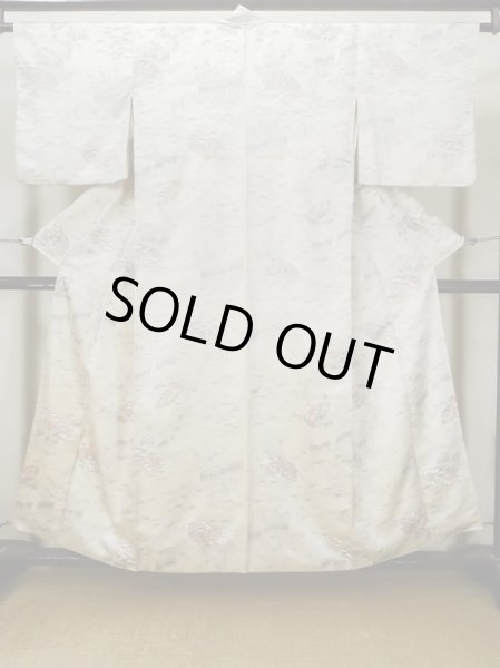 Photo1: L1201B Used Japanese women Shiny Off White KOMON dyed / Silk. Chrysanthemum, Bamboo fence pattern  (Grade C) (1)