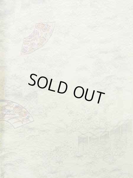 Photo3: L1201B Used Japanese women Shiny Off White KOMON dyed / Silk. Chrysanthemum, Bamboo fence pattern  (Grade C) (3)