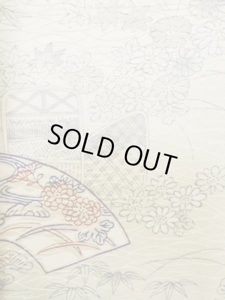 Photo5: L1201B Used Japanese women Shiny Off White KOMON dyed / Silk. Chrysanthemum, Bamboo fence pattern  (Grade C) (5)