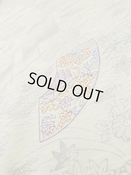 Photo10: L1201B Used Japanese women Shiny Off White KOMON dyed / Silk. Chrysanthemum, Bamboo fence pattern  (Grade C) (10)