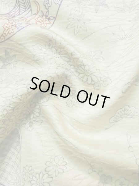 Photo12: L1201B Used Japanese women Shiny Off White KOMON dyed / Silk. Chrysanthemum, Bamboo fence pattern  (Grade C) (12)