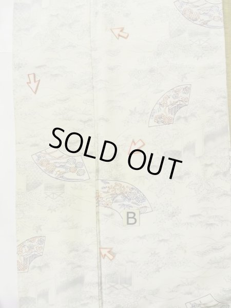 Photo15: L1201B Used Japanese women Shiny Off White KOMON dyed / Silk. Chrysanthemum, Bamboo fence pattern  (Grade C) (15)