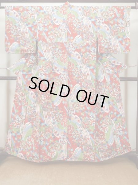 Photo1: Mint L1201D Used Japanese women  Vermilion KOMON dyed / Silk. UME plum bloom, Swallow pattern  (Grade A) (1)