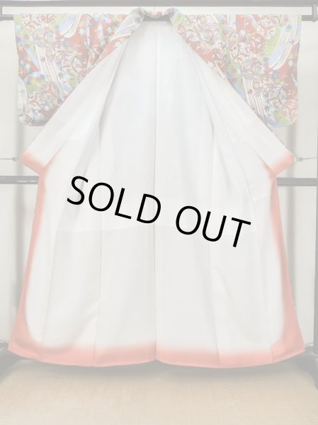 Photo2: Mint L1201D Used Japanese women  Vermilion KOMON dyed / Silk. UME plum bloom, Swallow pattern  (Grade A) (2)