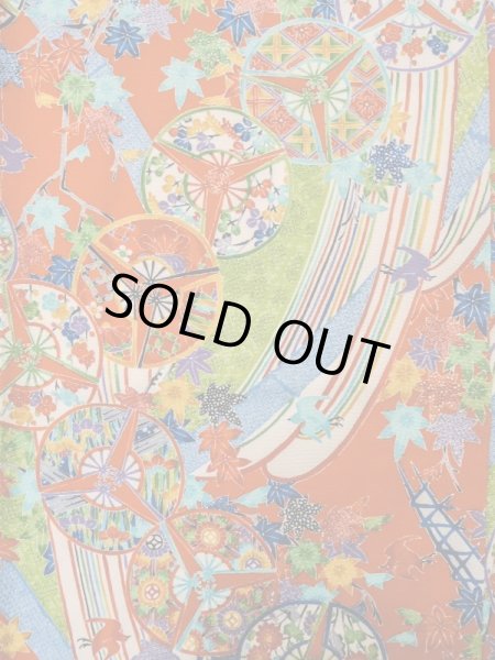 Photo4: Mint L1201D Used Japanese women  Vermilion KOMON dyed / Silk. UME plum bloom, Swallow pattern  (Grade A) (4)