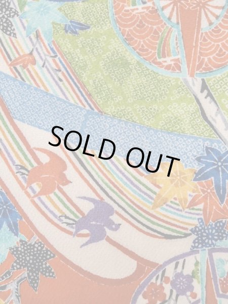 Photo6: Mint L1201D Used Japanese women  Vermilion KOMON dyed / Silk. UME plum bloom, Swallow pattern  (Grade A) (6)