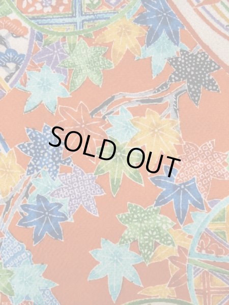 Photo7: Mint L1201D Used Japanese women  Vermilion KOMON dyed / Silk. UME plum bloom, Swallow pattern  (Grade A) (7)