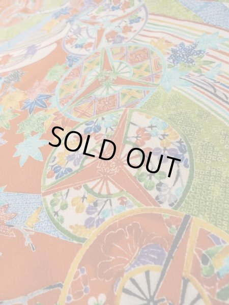 Photo8: Mint L1201D Used Japanese women  Vermilion KOMON dyed / Silk. UME plum bloom, Swallow pattern  (Grade A) (8)