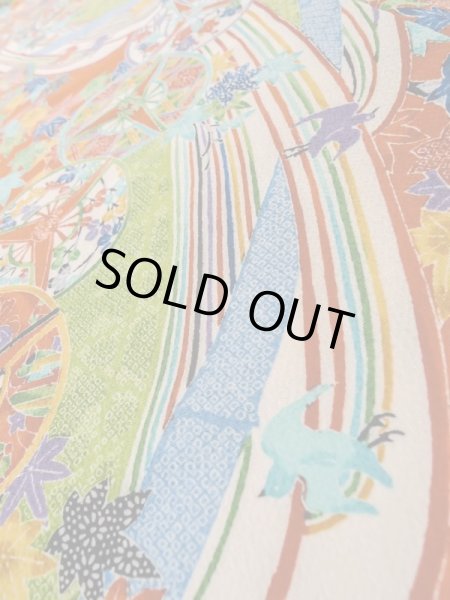 Photo9: Mint L1201D Used Japanese women  Vermilion KOMON dyed / Silk. UME plum bloom, Swallow pattern  (Grade A) (9)