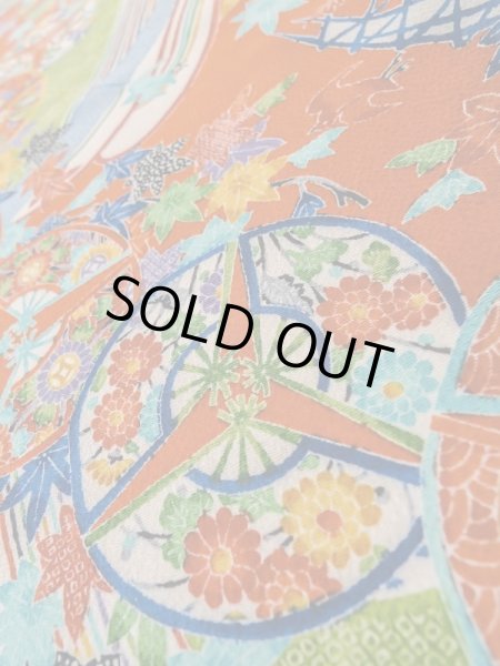 Photo10: Mint L1201D Used Japanese women  Vermilion KOMON dyed / Silk. UME plum bloom, Swallow pattern  (Grade A) (10)