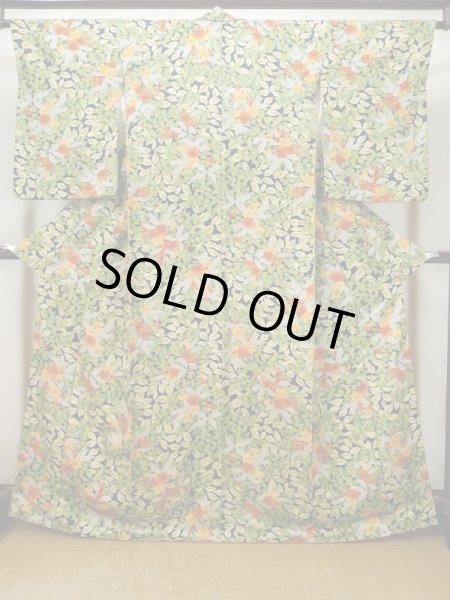 Photo1: Mint L1201G Used Japanese women  Black KOMON dyed / Silk. SAKURA cherry blossom,   (Grade A) (1)