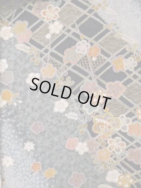 Photo3: Mint L1201H Used Japanese women  Black KOMON dyed / Synthetic. UME plum bloom,   (Grade A) (3)