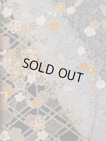 Photo4: Mint L1201H Used Japanese women  Black KOMON dyed / Synthetic. UME plum bloom,   (Grade A) (4)