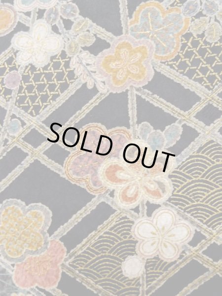 Photo6: Mint L1201H Used Japanese women  Black KOMON dyed / Synthetic. UME plum bloom,   (Grade A) (6)