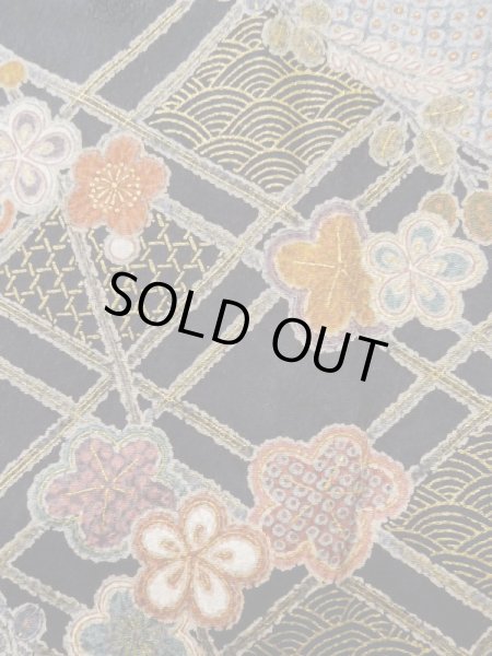 Photo7: Mint L1201H Used Japanese women  Black KOMON dyed / Synthetic. UME plum bloom,   (Grade A) (7)