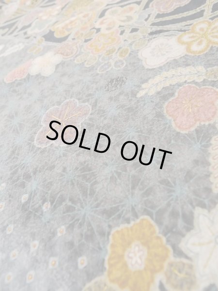 Photo9: Mint L1201H Used Japanese women  Black KOMON dyed / Synthetic. UME plum bloom,   (Grade A) (9)