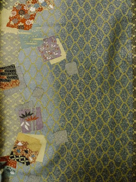 Photo4: L1201N Used Japanese women  Olive KOMON dyed / Synthetic. SAKURA cherry blossom,   (Grade B) (4)