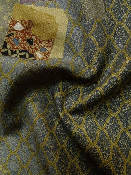 Photo12: L1201N Used Japanese women  Olive KOMON dyed / Synthetic. SAKURA cherry blossom,   (Grade B) (12)