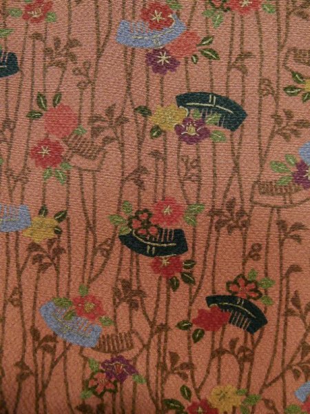 Photo5: Mint L1201P Used Japanese women Pale Pink KOMON dyed / Synthetic. Flower, Comb pattern  (Grade A) (5)