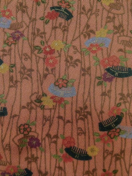 Photo6: Mint L1201P Used Japanese women Pale Pink KOMON dyed / Synthetic. Flower, Comb pattern  (Grade A) (6)