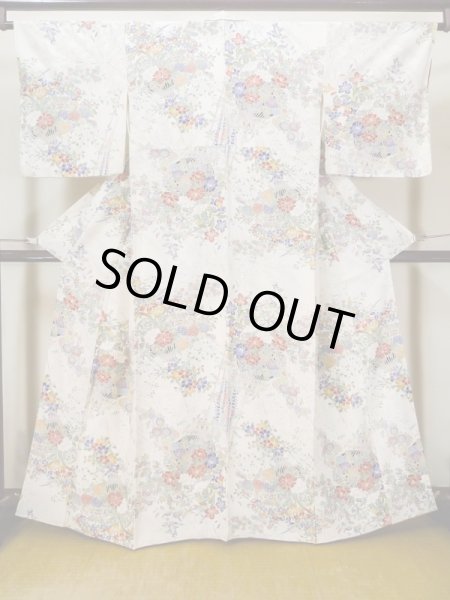Photo1: Mint L1201V Used Japanese women  White KOMON dyed / Silk. SAKURA cherry blossom,   (Grade A) (1)