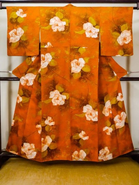 Photo1: Mint L1201W Used Japanese women  Orange KOMON dyed / Silk. Rose,   (Grade A) (1)