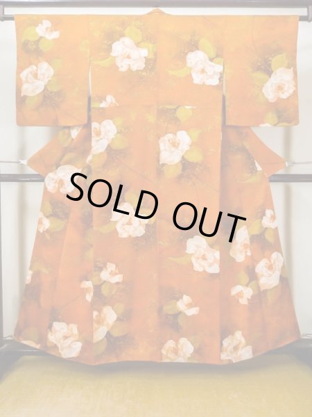 Photo1: Mint L1201W Used Japanese women  Orange KOMON dyed / Silk. Rose,   (Grade A) (1)