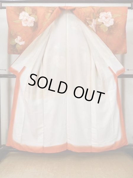 Photo2: Mint L1201W Used Japanese women  Orange KOMON dyed / Silk. Rose,   (Grade A) (2)