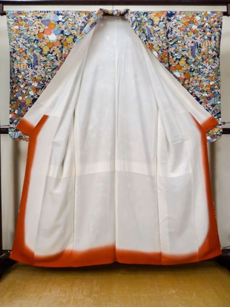 Photo2: Mint L1201Y Used Japanese women Dark Blue KOMON dyed / Silk. Flower,   (Grade A) (2)