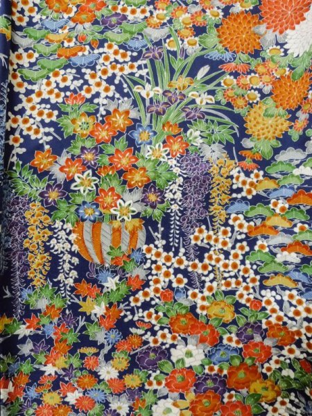 Photo3: Mint L1201Y Used Japanese women Dark Blue KOMON dyed / Silk. Flower,   (Grade A) (3)