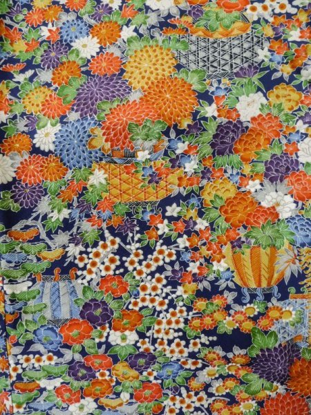 Photo4: Mint L1201Y Used Japanese women Dark Blue KOMON dyed / Silk. Flower,   (Grade A) (4)