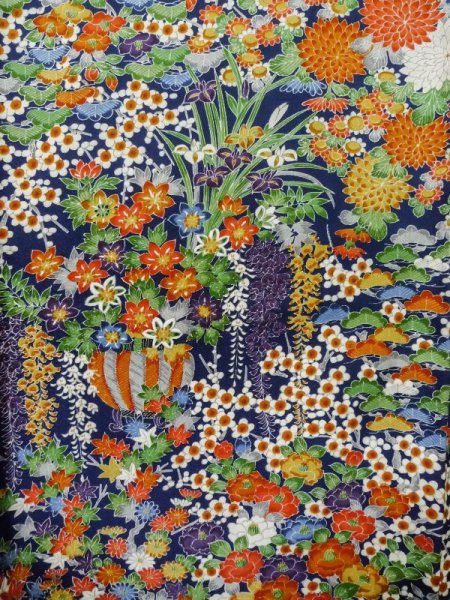 Photo5: Mint L1201Y Used Japanese women Dark Blue KOMON dyed / Silk. Flower,   (Grade A) (5)