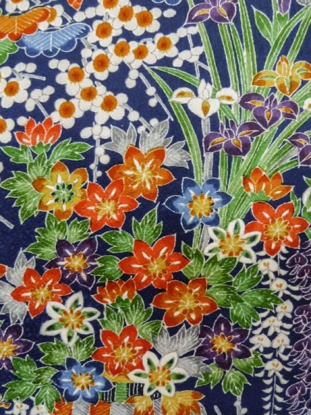 Photo6: Mint L1201Y Used Japanese women Dark Blue KOMON dyed / Silk. Flower,   (Grade A) (6)