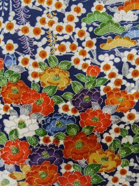 Photo7: Mint L1201Y Used Japanese women Dark Blue KOMON dyed / Silk. Flower,   (Grade A) (7)