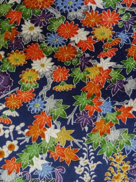 Photo8: Mint L1201Y Used Japanese women Dark Blue KOMON dyed / Silk. Flower,   (Grade A) (8)