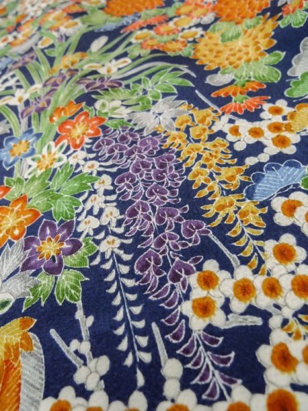 Photo9: Mint L1201Y Used Japanese women Dark Blue KOMON dyed / Silk. Flower,   (Grade A) (9)