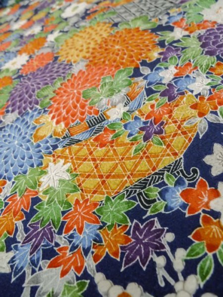 Photo10: Mint L1201Y Used Japanese women Dark Blue KOMON dyed / Silk. Flower,   (Grade A) (10)