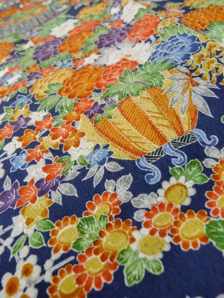 Photo11: Mint L1201Y Used Japanese women Dark Blue KOMON dyed / Silk. Flower,   (Grade A) (11)