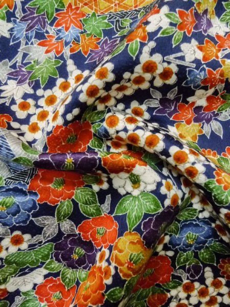 Photo12: Mint L1201Y Used Japanese women Dark Blue KOMON dyed / Silk. Flower,   (Grade A) (12)