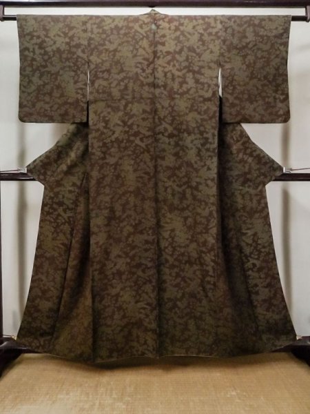 Photo1: L1202A Used Japanese women  Brown KOMON dyed / Silk. Flower,   (Grade B) (1)