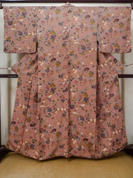 Photo1: L1202D Used Japanese women Pale Pink KOMON dyed / Silk. UME plum bloom,   (Grade C) (1)