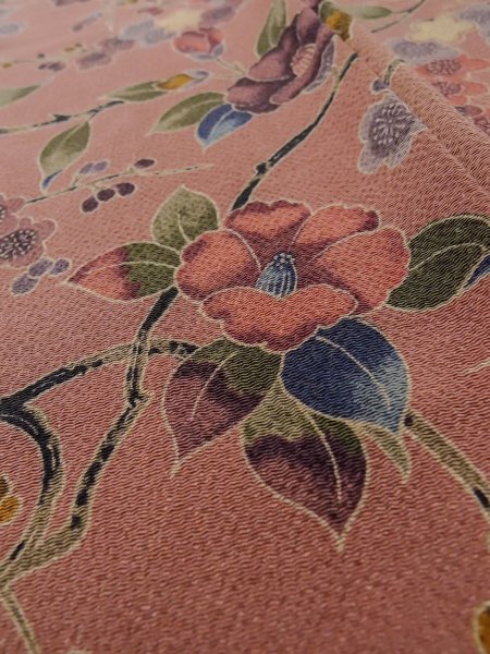 Photo10: L1202D Used Japanese women Pale Pink KOMON dyed / Silk. UME plum bloom,   (Grade C) (10)