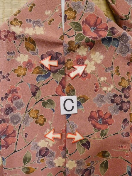 Photo16: L1202D Used Japanese women Pale Pink KOMON dyed / Silk. UME plum bloom,   (Grade C) (16)