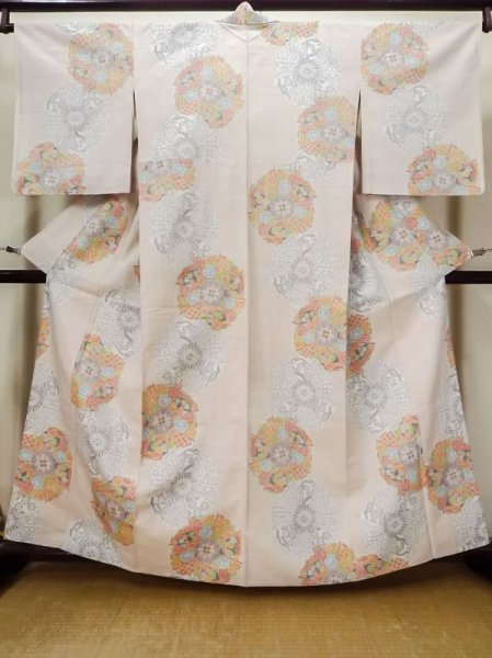 Photo1: L1220K Used Japanese womenPale Light Pink HITOE unlined / Silk. Flower, water wheels pattern  (Grade C) (1)