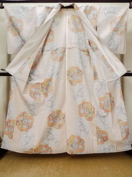 Photo2: L1220K Used Japanese womenPale Light Pink HITOE unlined / Silk. Flower, water wheels pattern  (Grade C) (2)