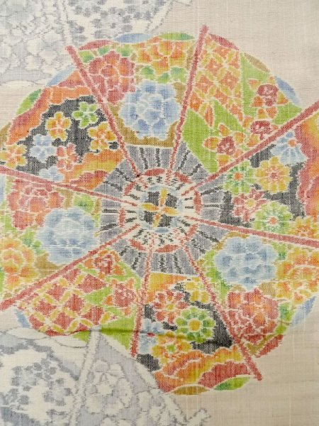 Photo5: L1220K Used Japanese womenPale Light Pink HITOE unlined / Silk. Flower, water wheels pattern  (Grade C) (5)