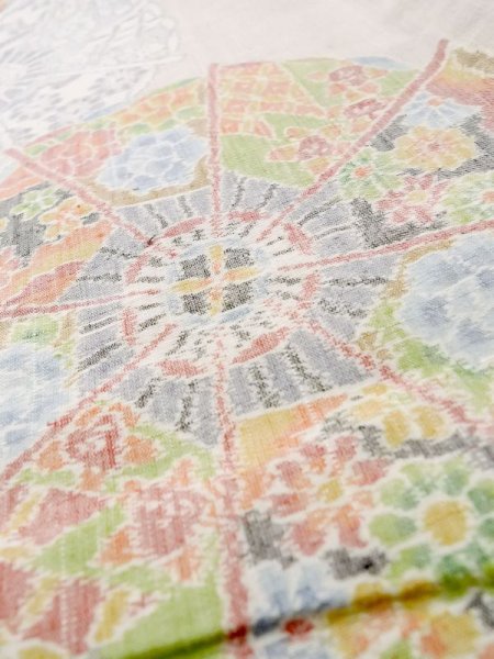 Photo8: L1220K Used Japanese womenPale Light Pink HITOE unlined / Silk. Flower, water wheels pattern  (Grade C) (8)